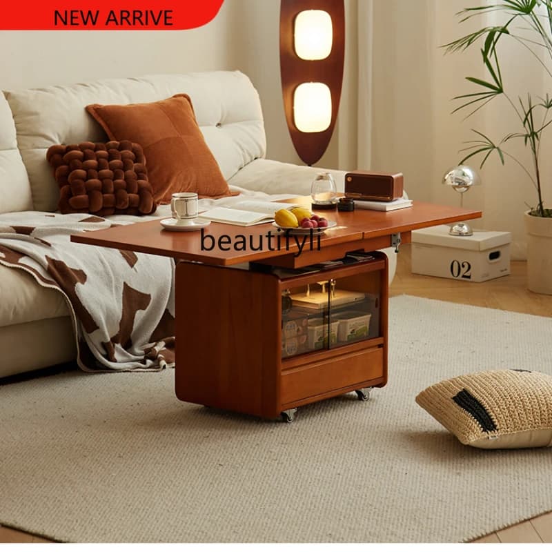 X Solid Wood Lifting and Foldable Coffee Table Movable Side Table Trolley Tea Table Side Cabinet Multi-Function with Wheels