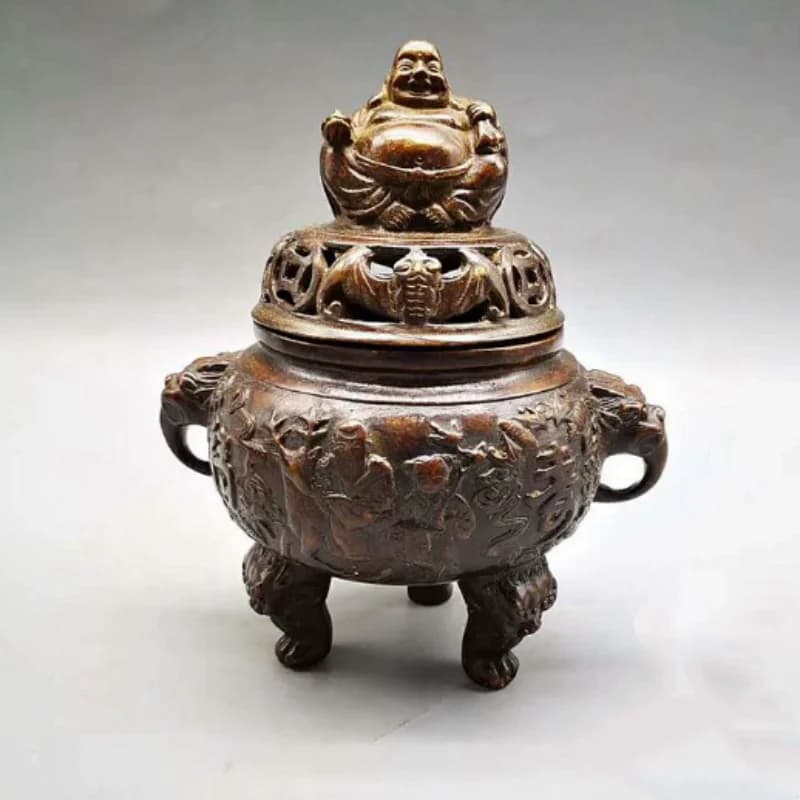 Antique bronze Maitreya Buddha statue incense burner ornament home tea room tabletop Zen inspired decorative crafts