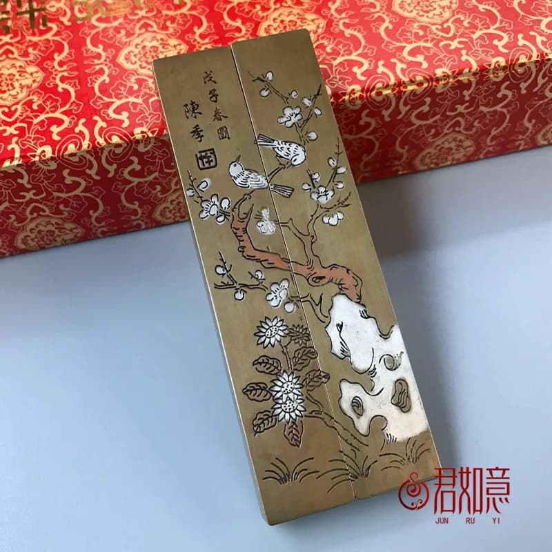Antique Stationery Items Vintage Brass  Small Calligraphy Paperweight Exquisitely Carved Drawing Ruler Mult