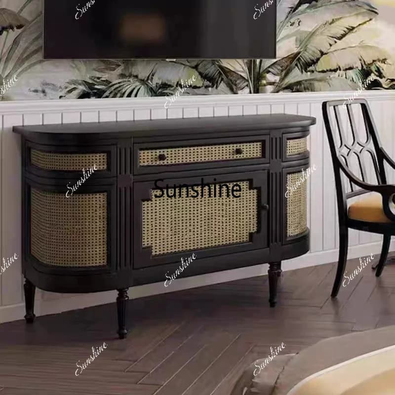 French classical solid wood chest retro rattan semicircle/decoration