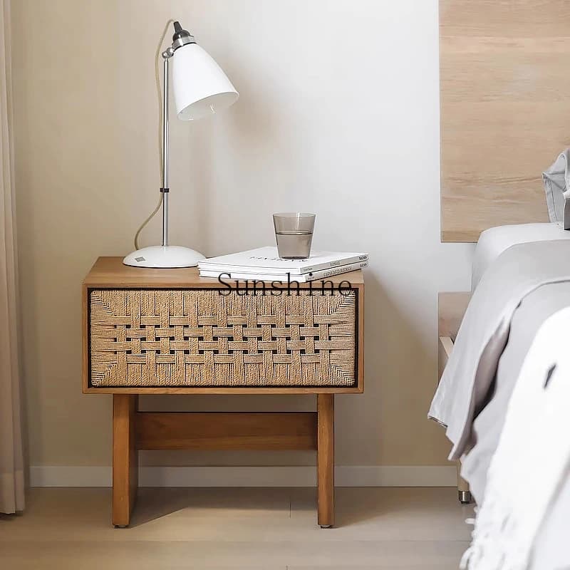 Vintage wabi sandy wind braided rope drawer bedside table Nordic solid wood bedside cabinet