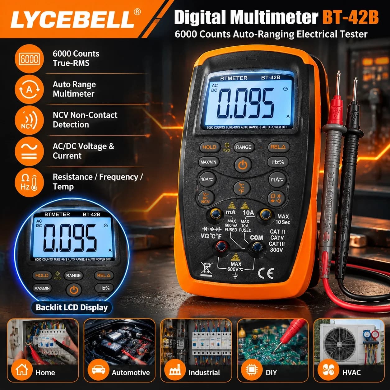 HoldPeak 42B Digital Multimeter 6000 Counts True RMS Auto Range AC/DC V/A Capacitance Frequency Temp NCV Backlight