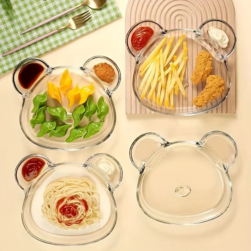 Glass Divided Serving Plate with Sauce Compartment Shell Design for Dumplings Desserts Seafood Sharing Dish Microwave Safe Gift
