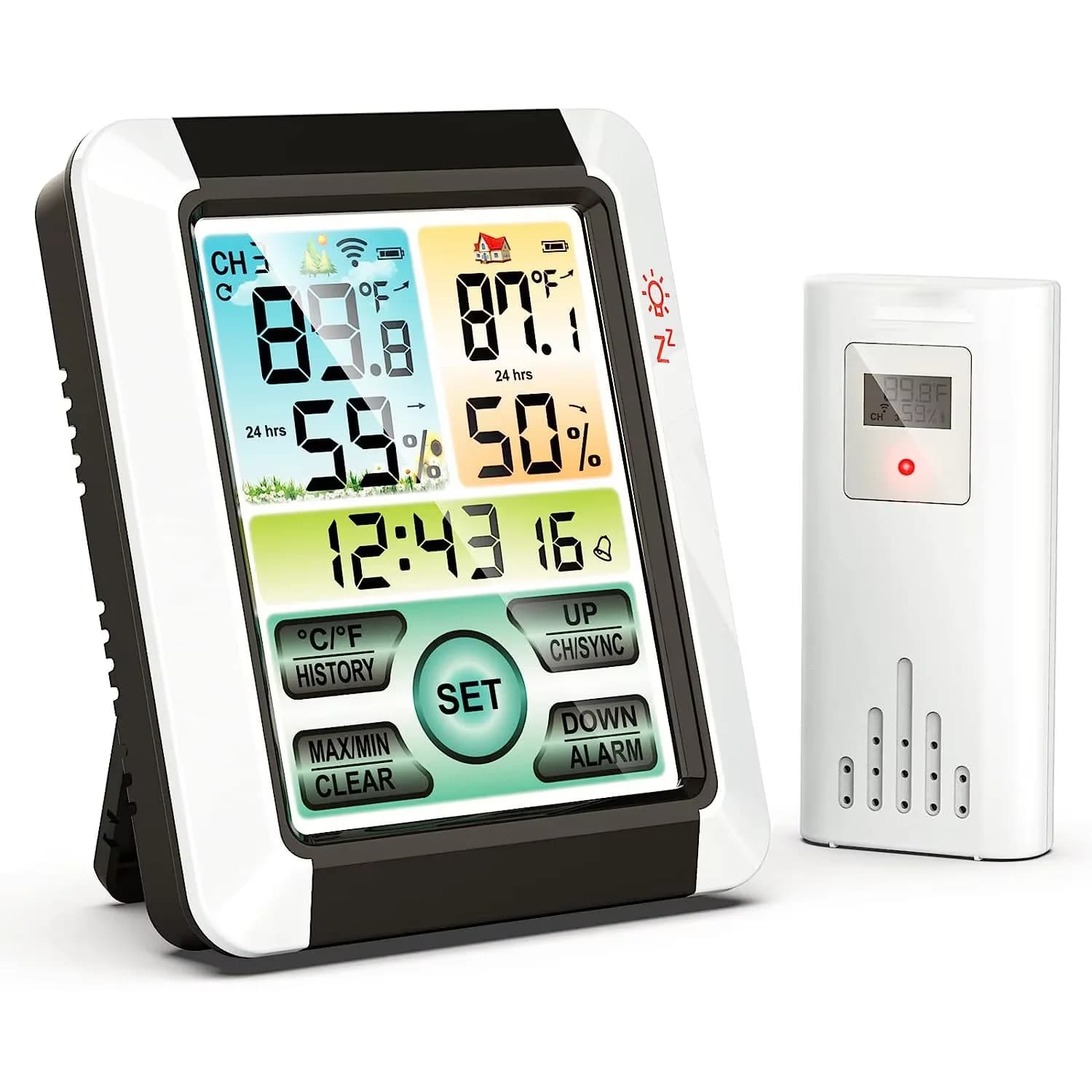 Wireless Indoor Outdoor Thermometer with Sensor, 328FT, 3 Channels, Humidity, Max/Min, Alarm/Snooze, Backlight, 3xAAA 2xAA