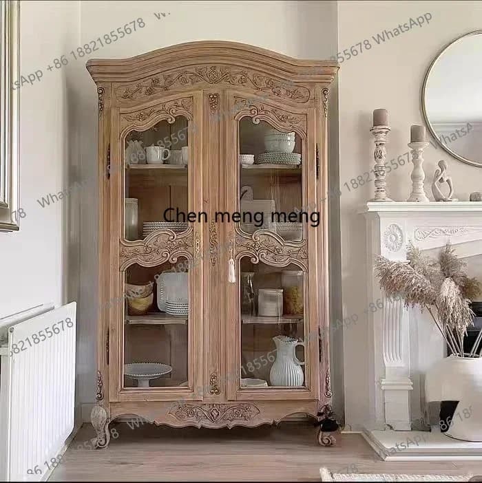 ZJFrench retro solid wood wine cabinet living room wall locker European double door glass storage cabinet