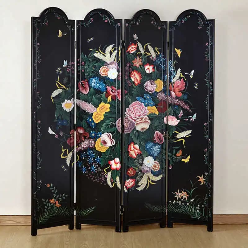 ！@American Solid Wood Vintage Room Dividers Floral Motif Decorative Partitions on Black Background for Dining Living & Bedroom