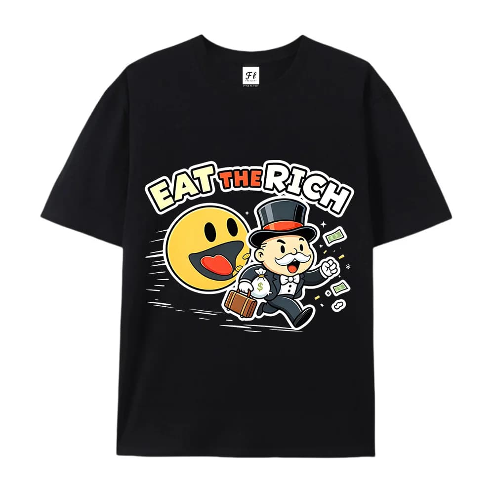 Eat The Rich Cartoon Graphic Shirt Funny Wealthy Man Emoji Money Print Fashion Casual Short Sleeve Humorous Streetwear Gift