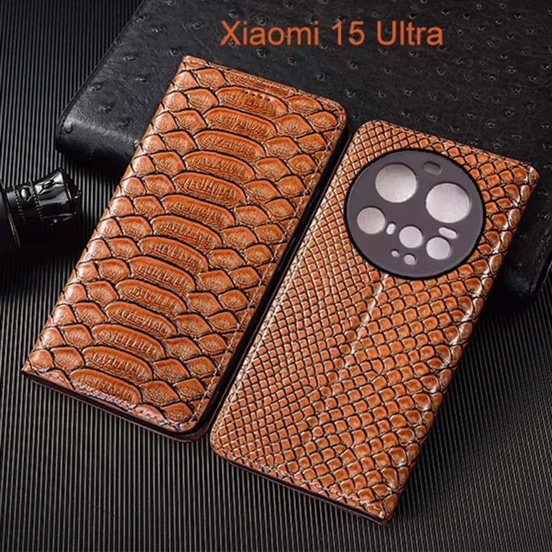Genuine Leather Flip Case For Xiaomi 15 Ultra Phone Cover Card Cases Python Pattern Handmade
