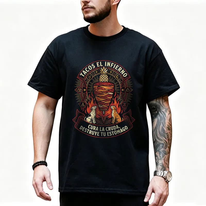 Dogs worshiping taco trompo engr Graphic T Shirt 0912 Retro Dark Humor Mexican Culture Halloween Alternative Art Tee