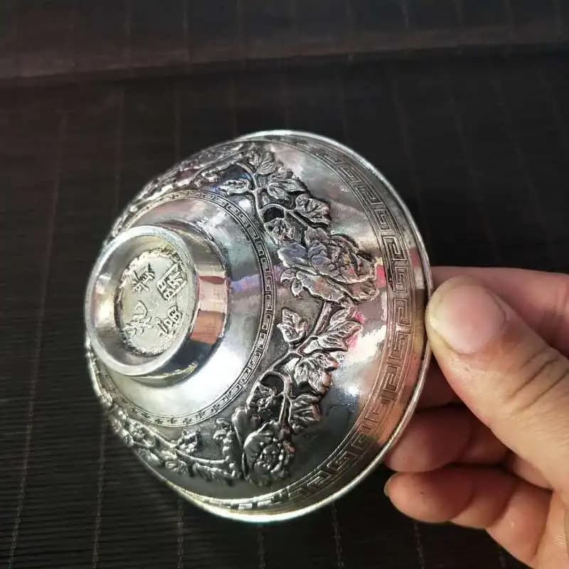 Antique wholesale vintage embossed white copper with dragon and phoenix patterns, Miao silver bowl, symbolizing prosperity