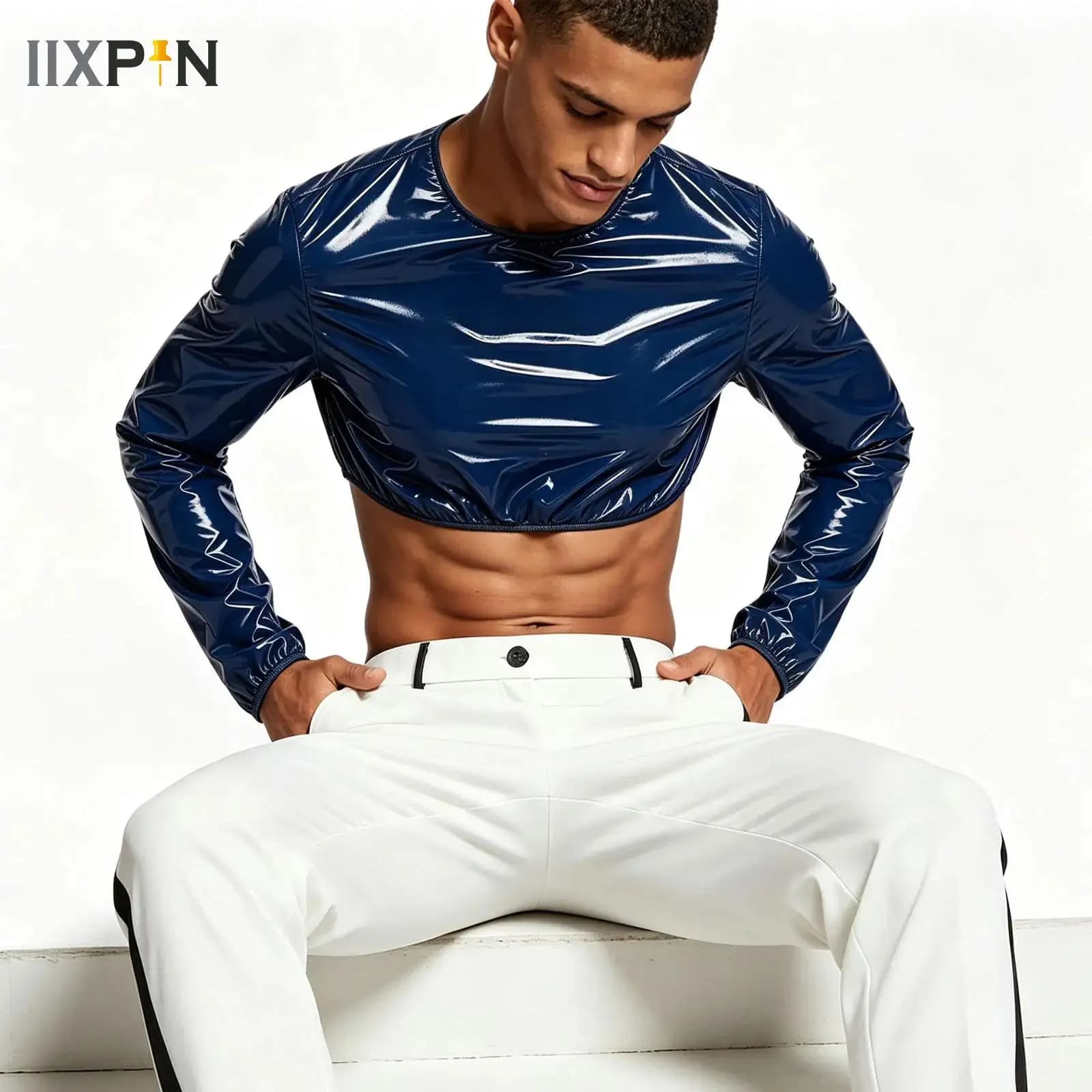 Mens Shiny Waterproof Crop Tops Sweat Training Sauna Top Glossy Long Sleeve Tee Crew Neck T-Shirts Carnival Club Wear Nightwear
