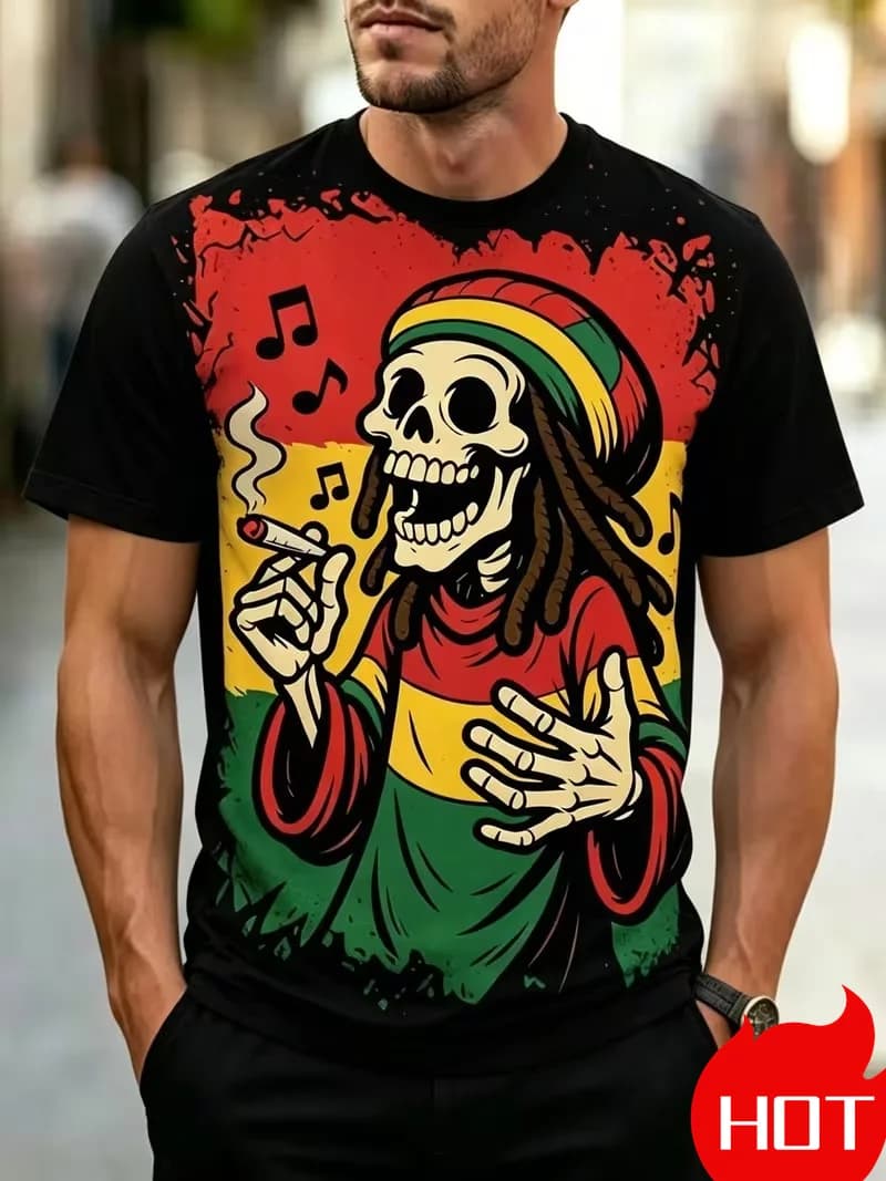 Vintage Reggae Music Style Dreadlocks Skull Graphic Print Men Short Sleeve T‑Shirt Hip‑Hop Street Casual Oversized Men's Clothes