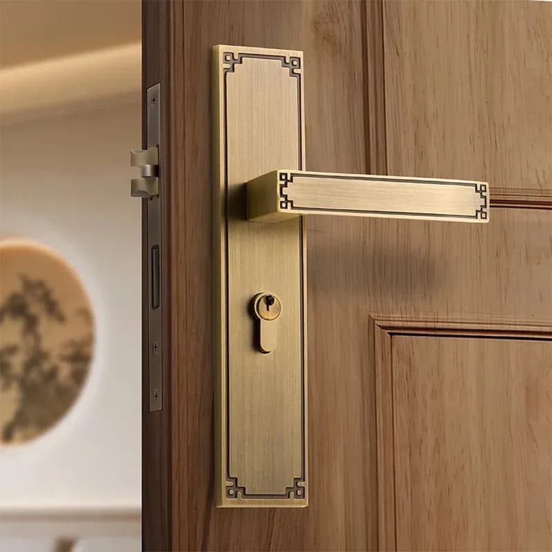 Pure copper new Chinese door lock, extended door  handle indoor bedroom wooden door lock