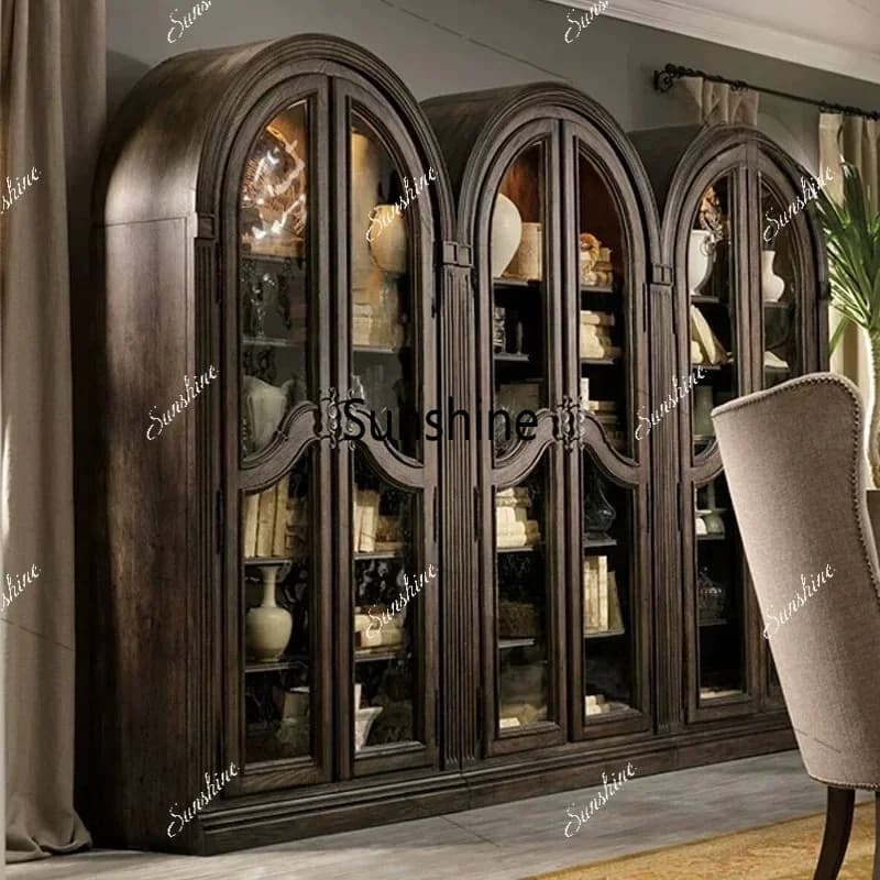 American-style light luxury solid wood bookcase, villa living room distressed carved display cabinet