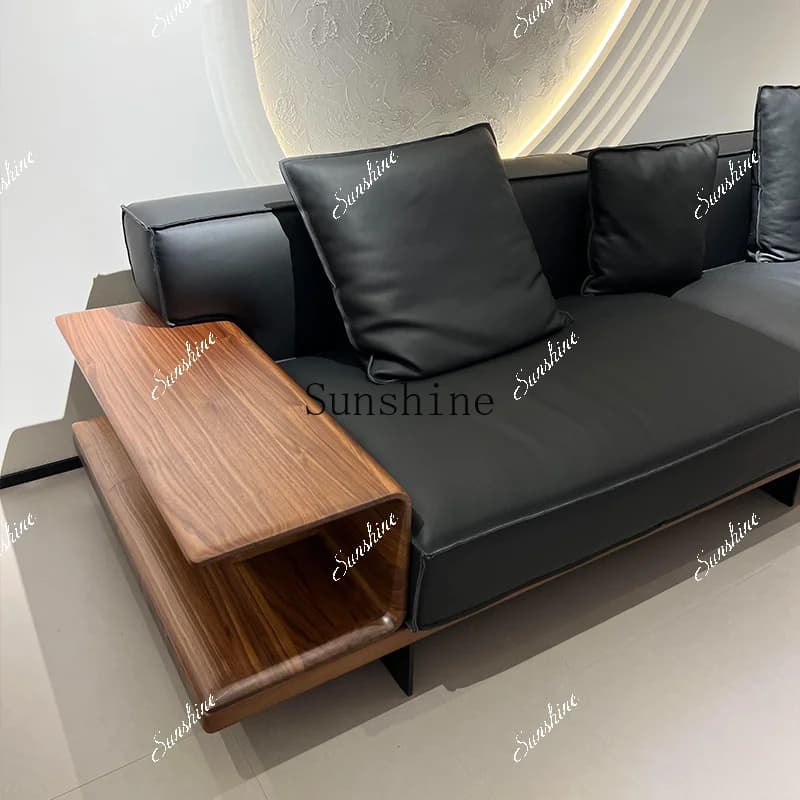 Living room solid wood new Chinese leather art light luxury high-end three-person sofa simple and modern  FT
