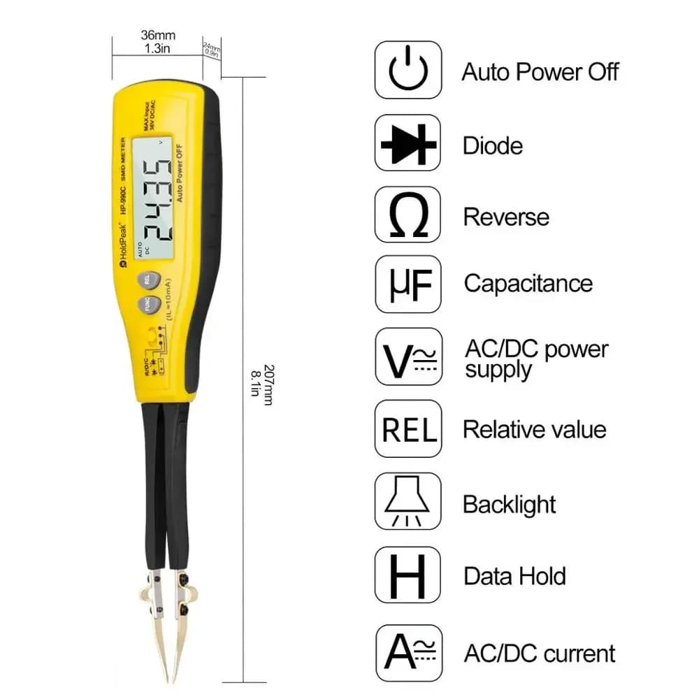 Digital SMD Component Tester, Multifunctional Capacitance and Resistance Meter with Diode, Battery Voltage Test Transistor ChecK