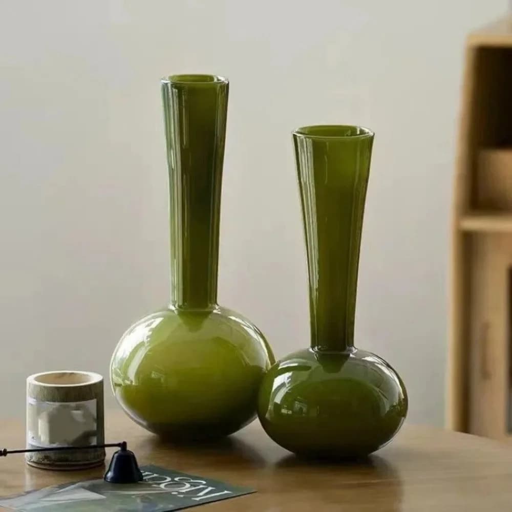 Olive Green French Vintage Vase Glass Swan Neck Hydroponic Vase Unique Luxury Dried Flower Vase Floral Arrangement