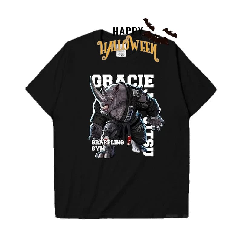 Brazilian Jujitsu Rhinoceros Illustration Men's T-Shirt Cotton Round Neck Short Sleeve T Shirt
