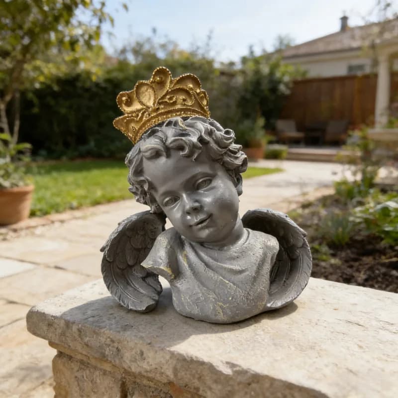 Resin Angel Avatar Ornament with Golden Crown, Courtyard Garden Decoration,Retro Creative Home Crafts Sculpture Home Accessories