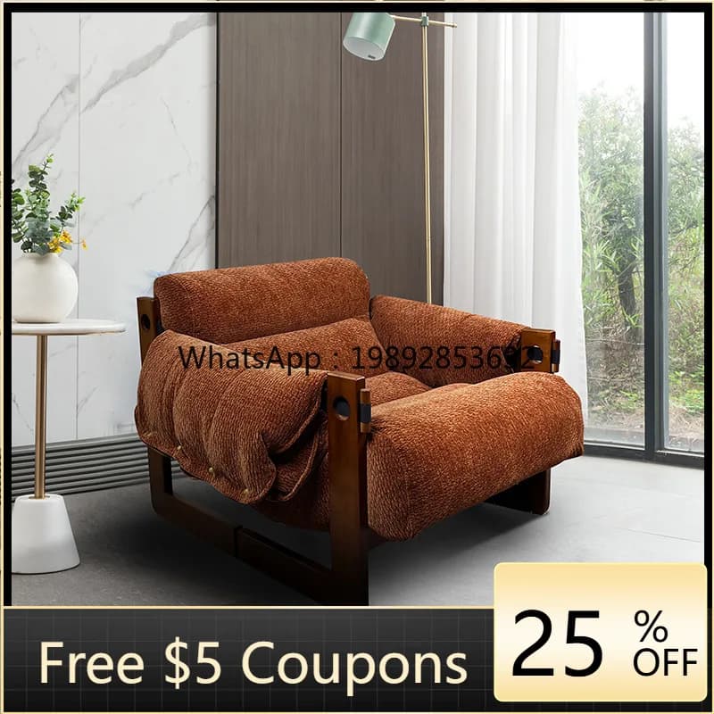 LYY Vintage Style Single Sofa Leisure Chair Solid Wood Fabric Chair Home Balcony Lazy Recliner