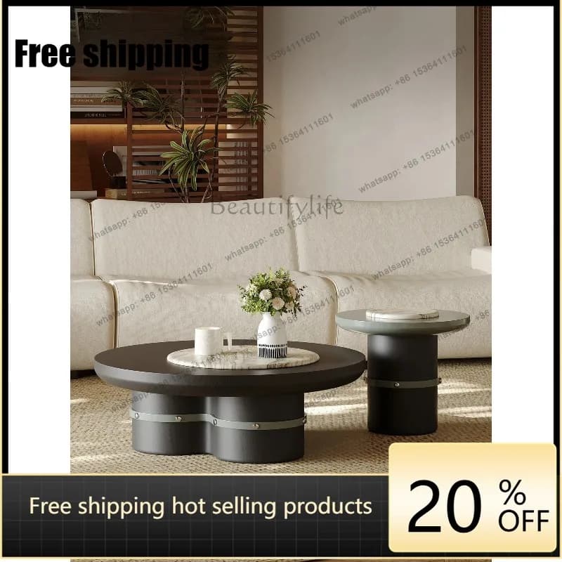 JJ Italian round luxury stone coffee table light luxury high-end marble art living room coffee table combination