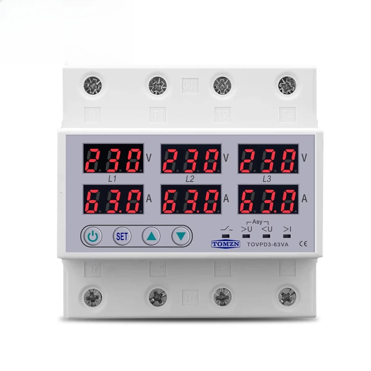 3 Phase 3P+N Din Rail Voltmeter Ammeter Adjustable Voltage Current Limit Protection   Relays Protector Circuit Breakers