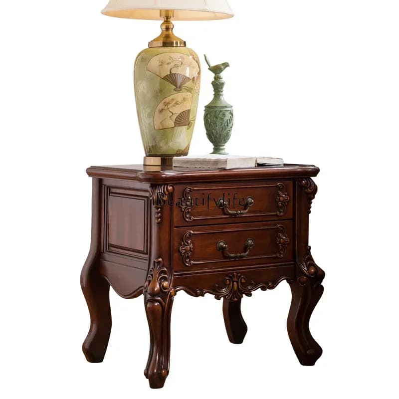 LJYFG52American bedroom retro all solid wood bedside table two drawers carved bedside locker