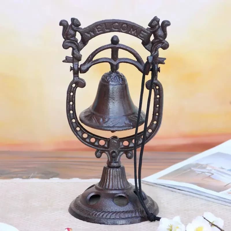 Cast Iron Tabletop Dinner Bell On Stand Lovely Squirrel With Welcome Sign Farmhouse Outdoor Counter Hand Bell Retro Rustic Heavy