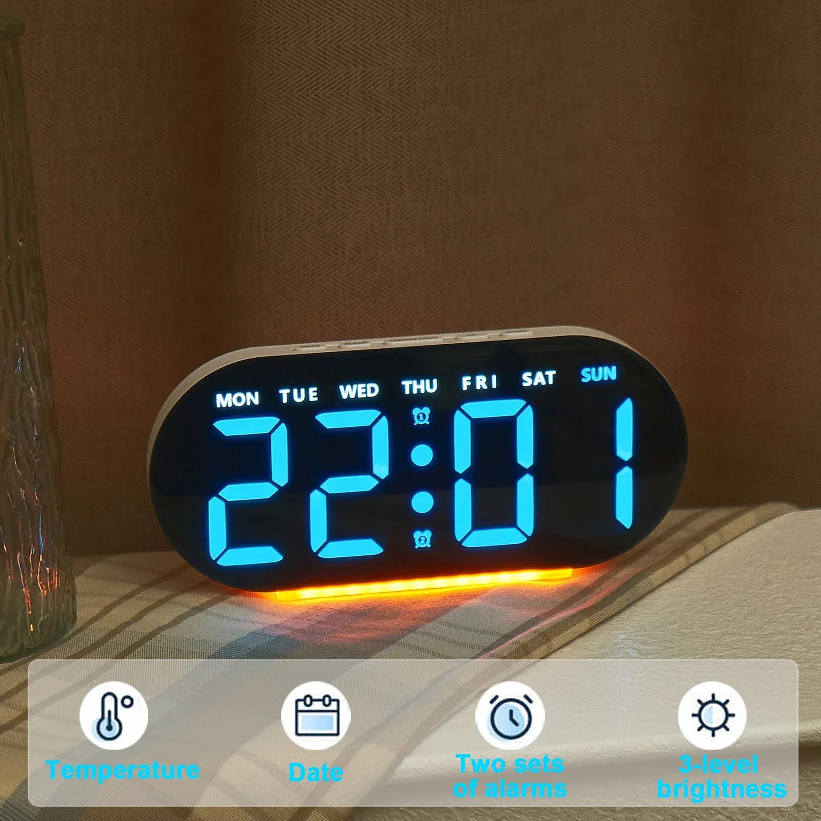 Multifunctional Silent Non-Ticking Alarm Clock Digital Bedside Clock 12/24H Temp Date 3 Brightness Mode Ambient light USB Output