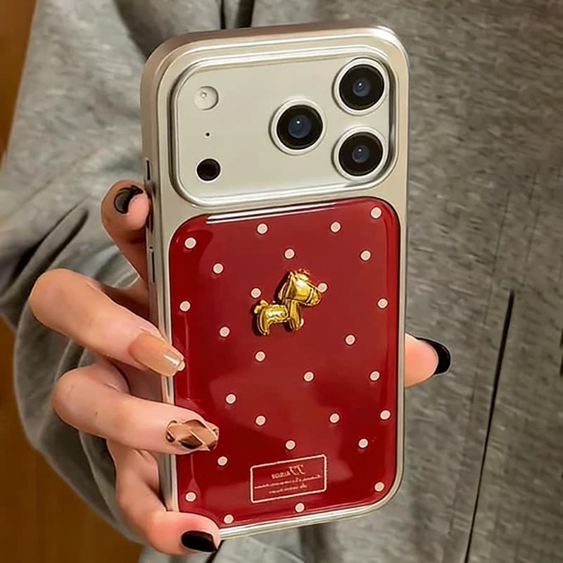 For iPhone 16 17 Pro 15 14 13 12 Pro Max Case Red Phone Case With 3d Gold Metal Horse Cute White Polka Dots Pattern