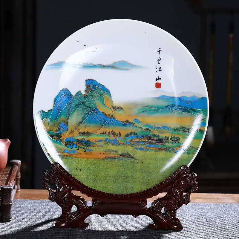 Jingdezhen Ceramics Thousand li Landscape Decoration Plate Hanging Plate Sitting Plate Living Room Chinese Style Ornaments