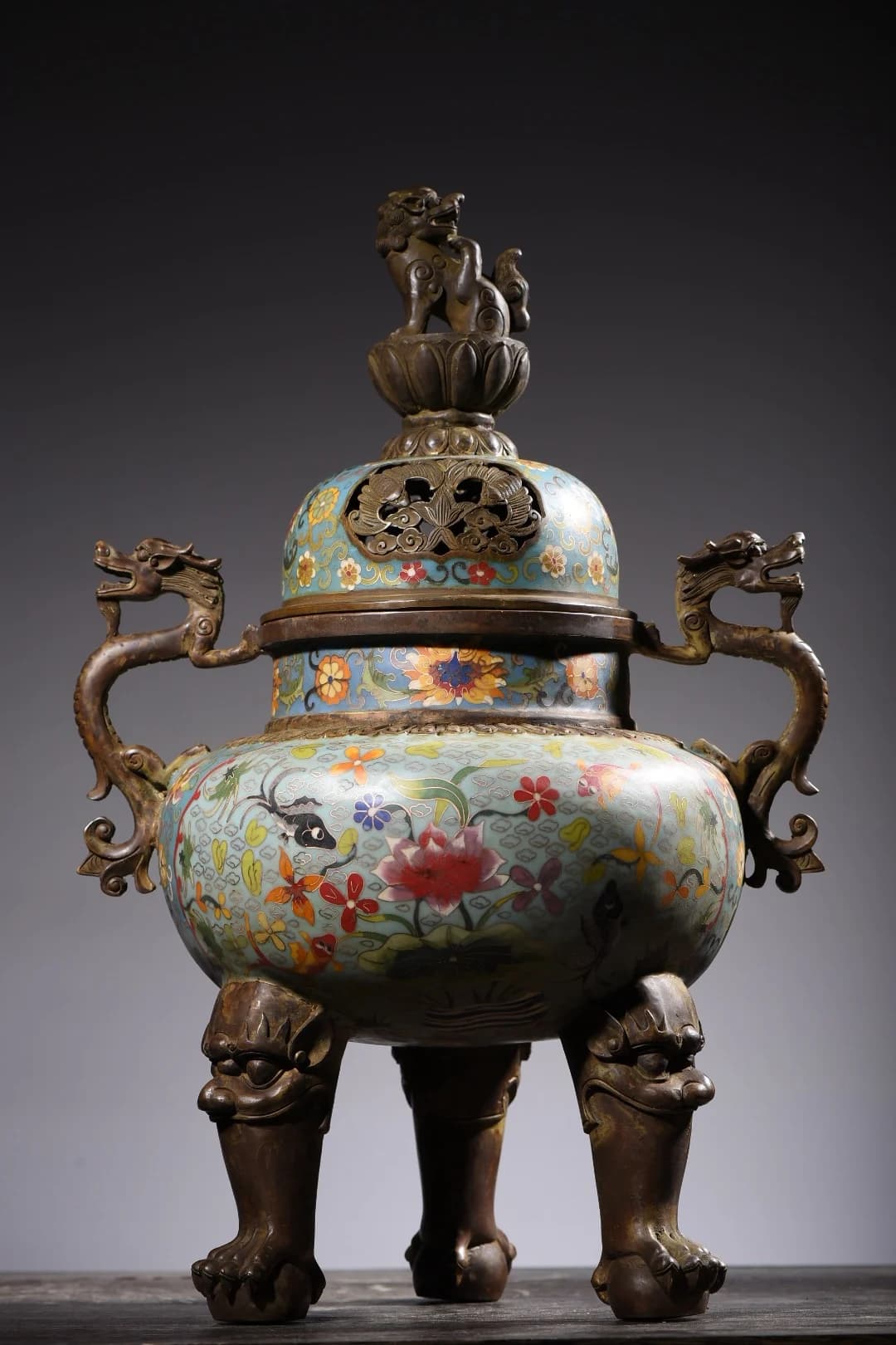 21"Tibetan Temple Collection Old Bronze Cloisonne Enamel Flower Texture Lion Dragon ear Three legged incense burner Town house