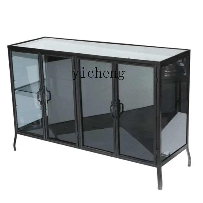 ZC minimalist design furniture wrought iron dining side cabinet retro glass cabinet layered storage display cabinet