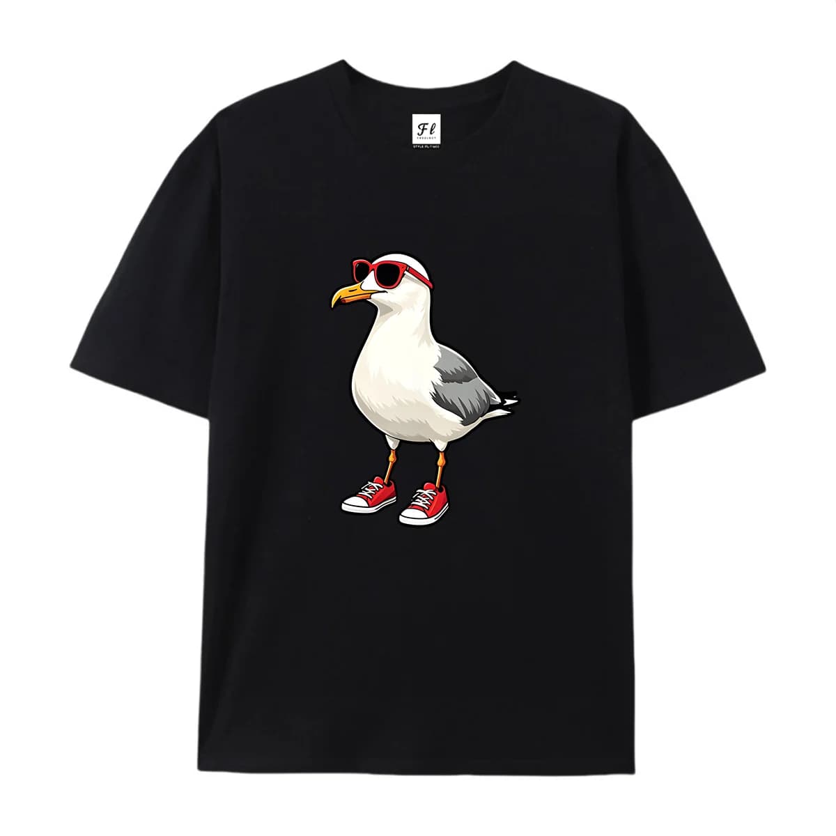 Women Men Short Sleeve T Shirt Funny Cartoon Seagull With Red Sunglasses Canvas Shoes Graphic Tee Beach Casual Summer Crew Neck