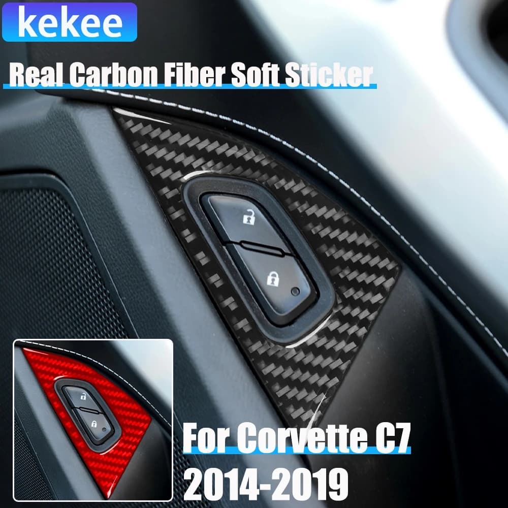 Real Carbon Fiber Car Accessories Passenger Door Lock Decorative Cover Soft Sticker For Corvette C7 LT1 Z06 ZR1 LT5 2014-2019