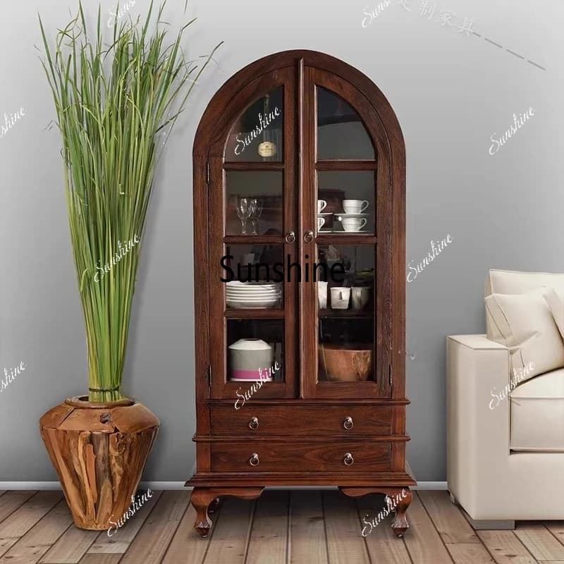 American light luxury solid wood bookcase villa living room, drawers, retro arched decorative cabinet