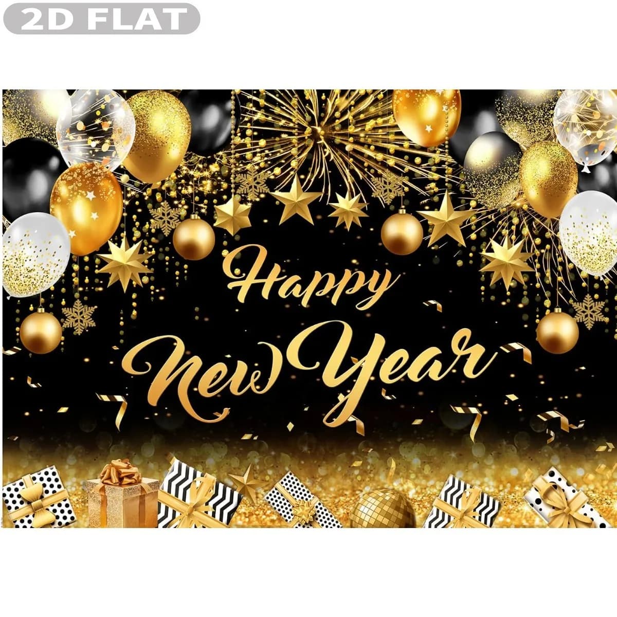 2D FLAT 1pc 7x5ft / 8x6 Ft 2026 Happy New Year Backdrop Black And Gold Photography Background New Year Eve Party Decoration