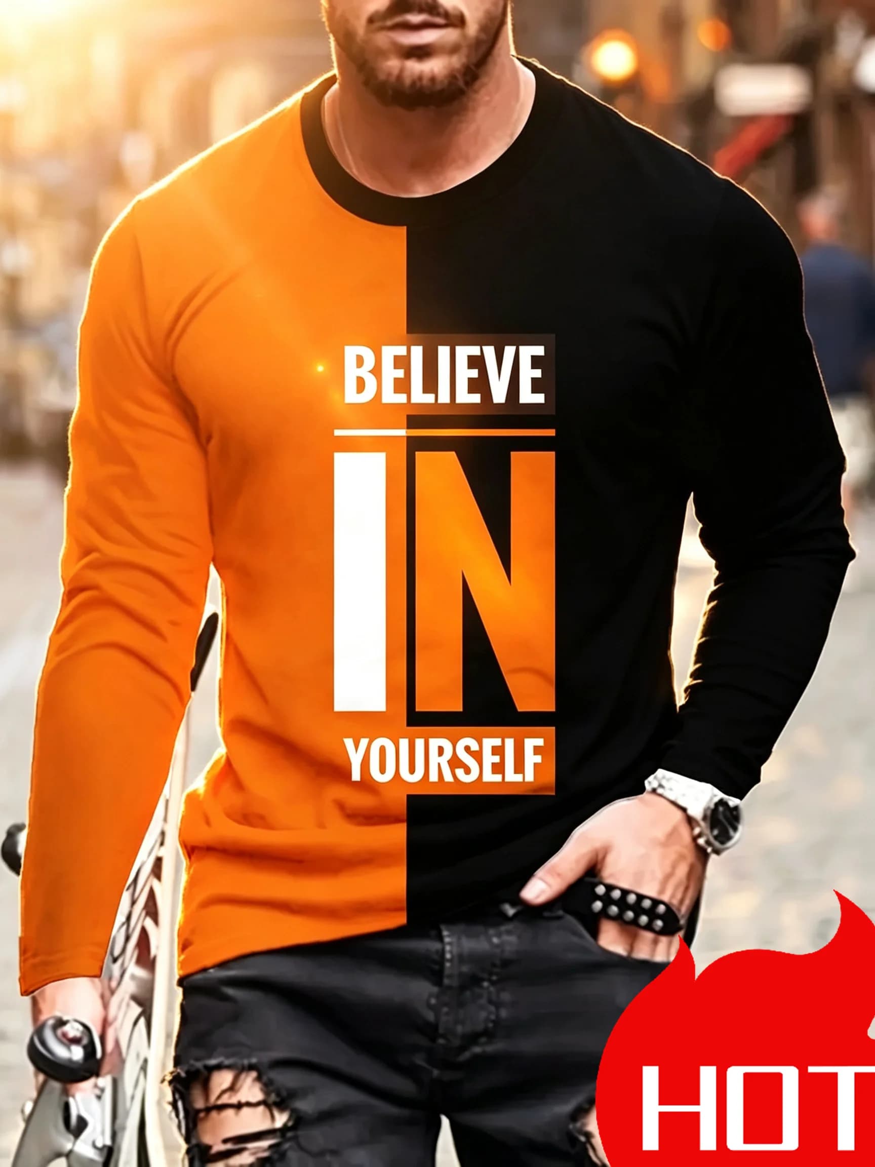 Believe In Yourself Inspirational Letter Printed Long Sleeved T-shirt Men's Casual Fashion Fitness Street Wear Sports Top