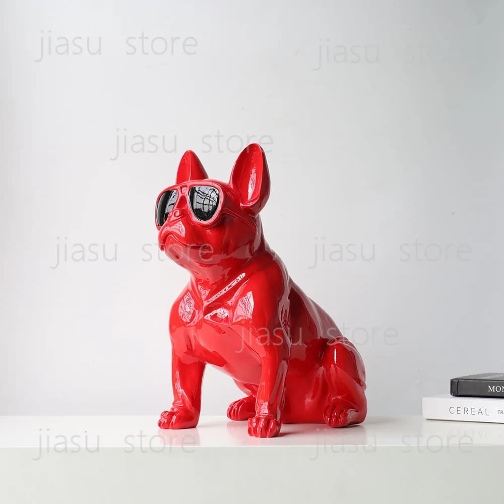 Modern Resin Cartoon Glasses Dog Sculpture, French Bulldog Ornament for Mall Hotel Art Window Display Decoration