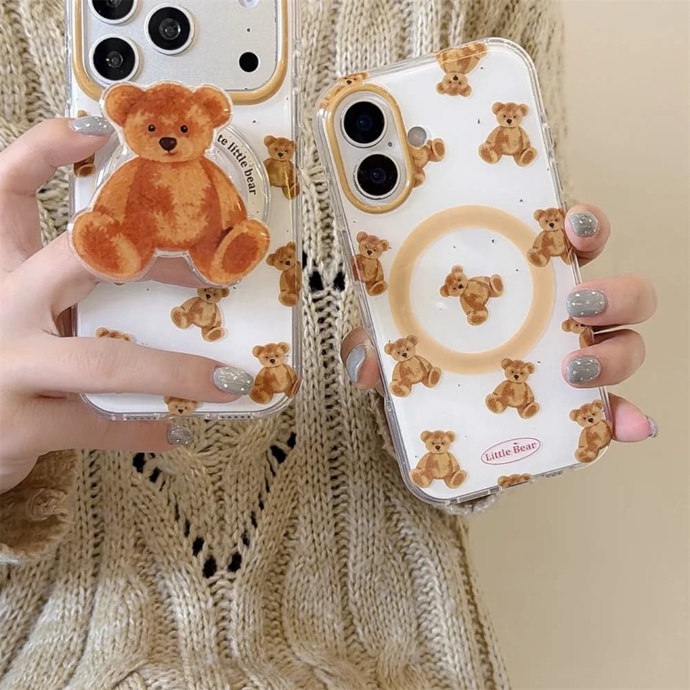 Korea ins Kawaii Cartoon brown Bear Magnetic stand Phone Case For iPhone 18 Pro Max 18 Pro 17 16 15 Cute Shockproof Cover Funda