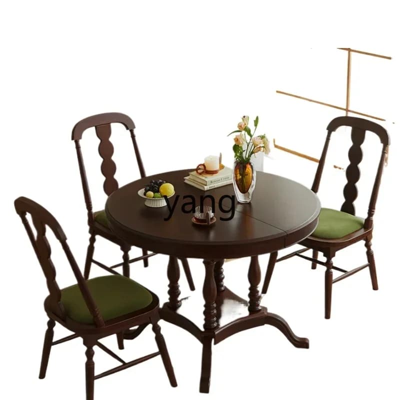 ZYR retro cherry wood retractable dining table household French foldable round eating table