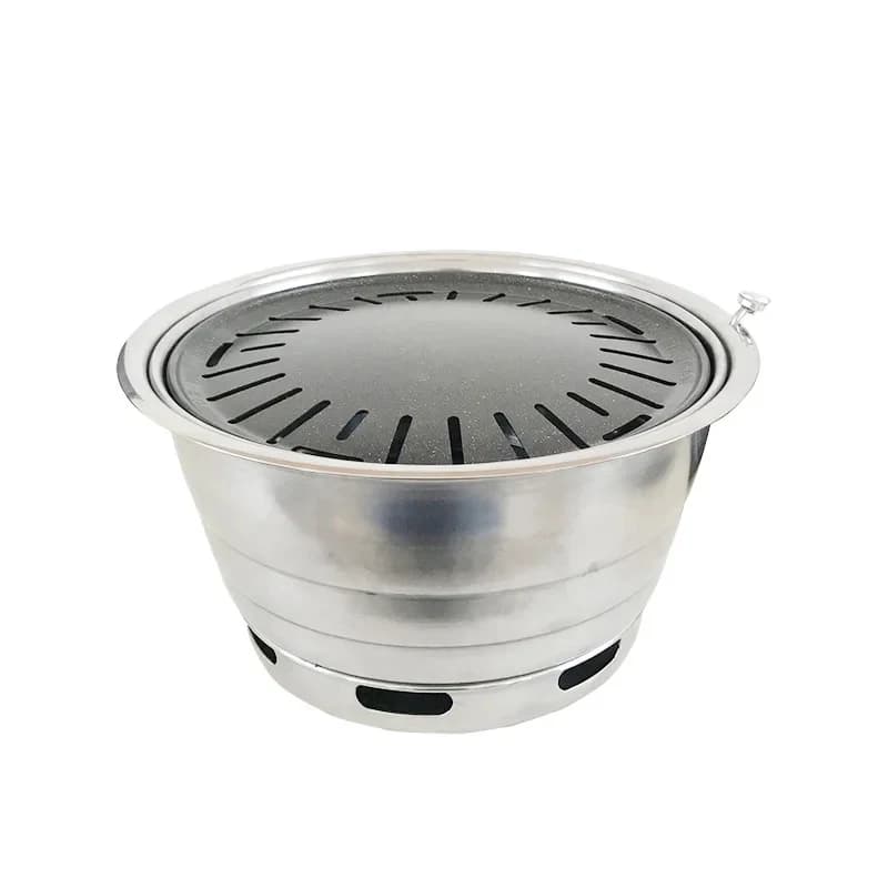Korean commercial smokels barbecue pan round stainls steel inlaid wood charcoal stove