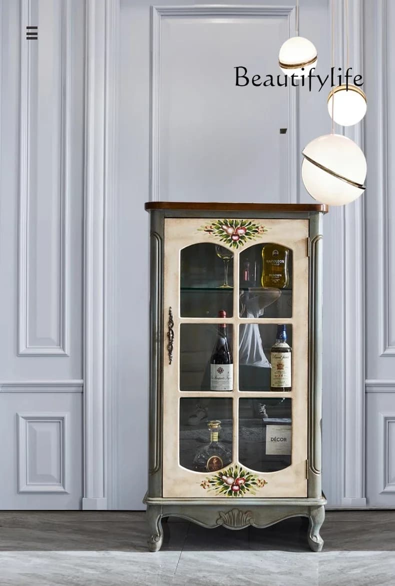 M American Solid Wood Wine Cabinet Living Room TV Wall Locker Glass Retro Single Door Display Cabinet
