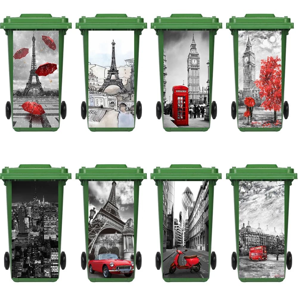 Black and White City Landscape Trash Can Sticker PVC Waterproof and Anti-fouling Household Kitchen Trash Can Decorative Sticker