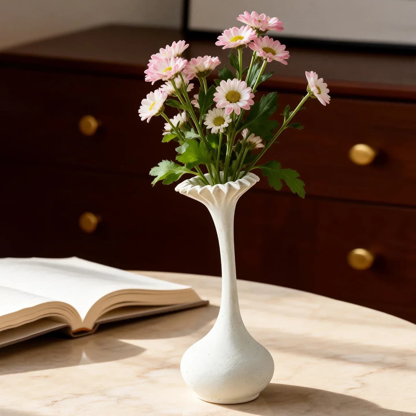 CAPIRON Elegant Ceramic Vase Modern Minimalist Flower Pot Petal Top Decorative Bud Vase for Living Room Office Centerpiece White