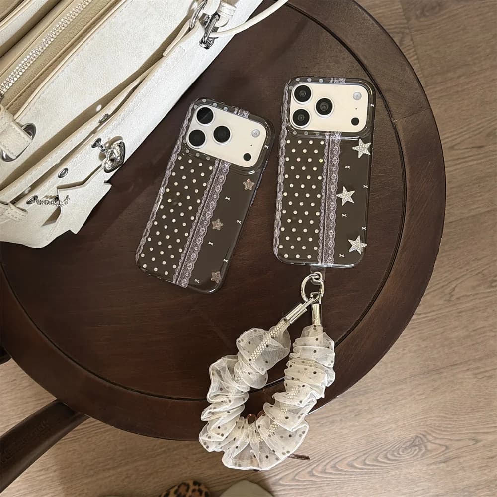 Vintage Brown Polka Dots Lace Star Phone Case For iPhone 15 16 17 18 Pro Max With Aesthetic Cute Shockproof Protective Cover