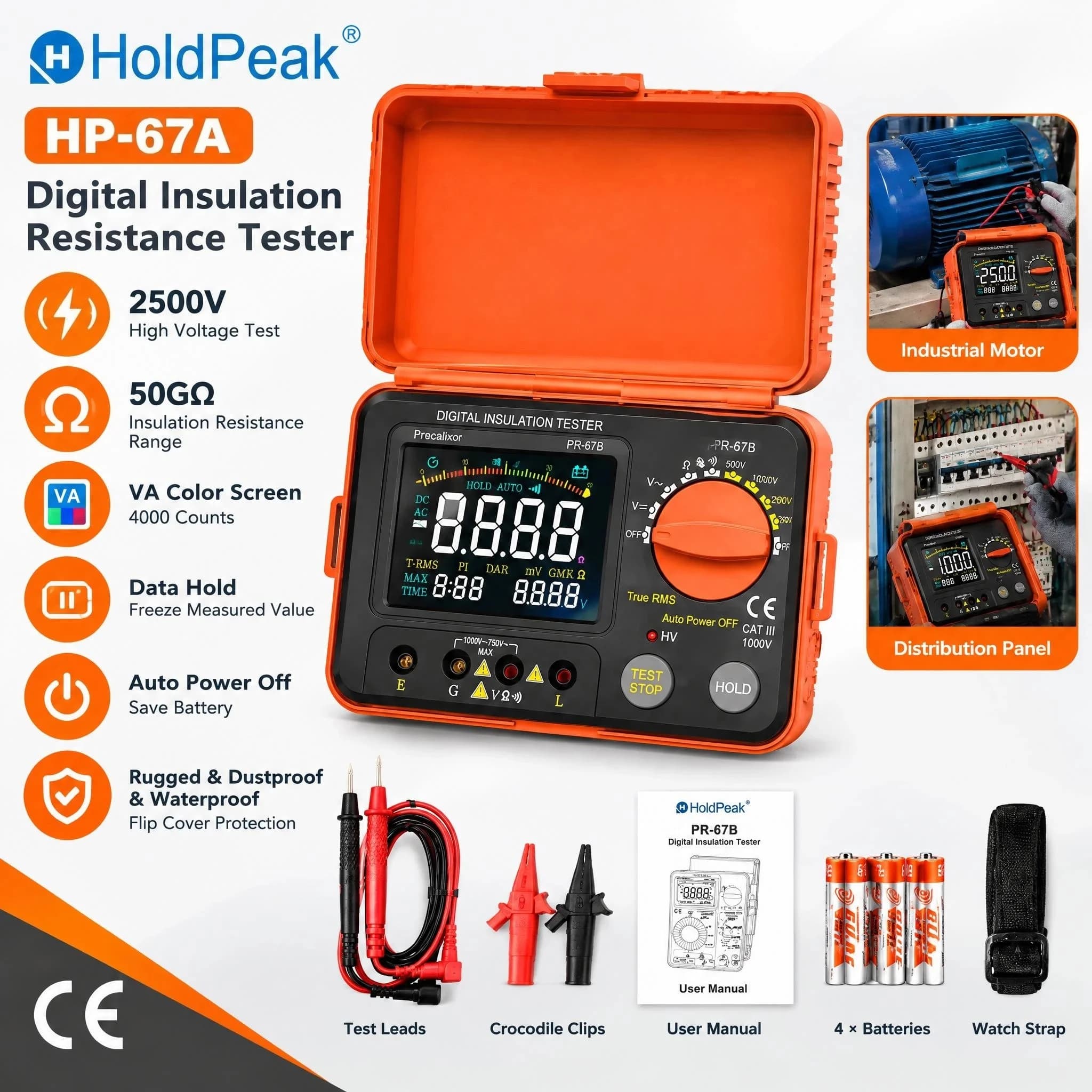 HoldPeak 67A Insulation Resistance Tester 250V-2500V Auto Range 200GΩ VA Color Screen 4000 Counts True RMS for Motor Cable