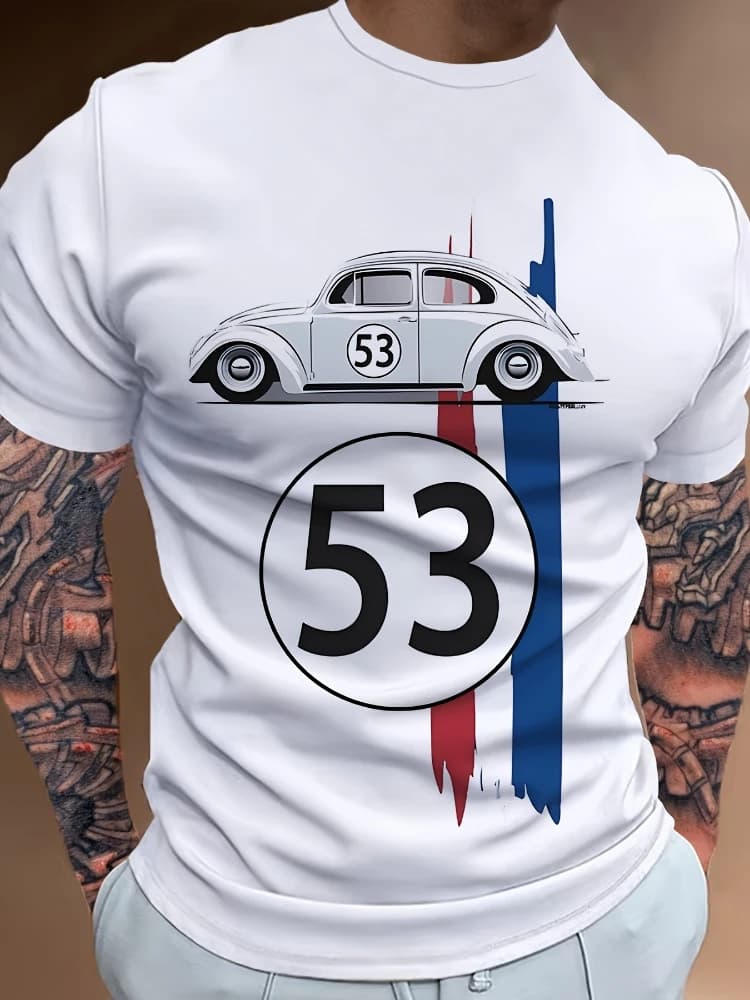 Retro racing pattern T-shirt-men's 100% cotton casual summer round neck T-shirt。