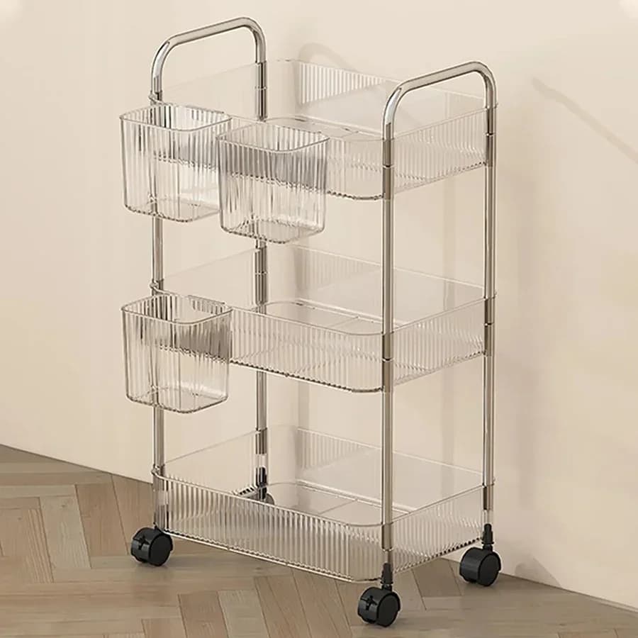 2/3/4Layers Light Luxury Storage Rack Trolley Transparent Acrylic Rolling Cart With Removable Hanging Baskets Snacks Bookshelf