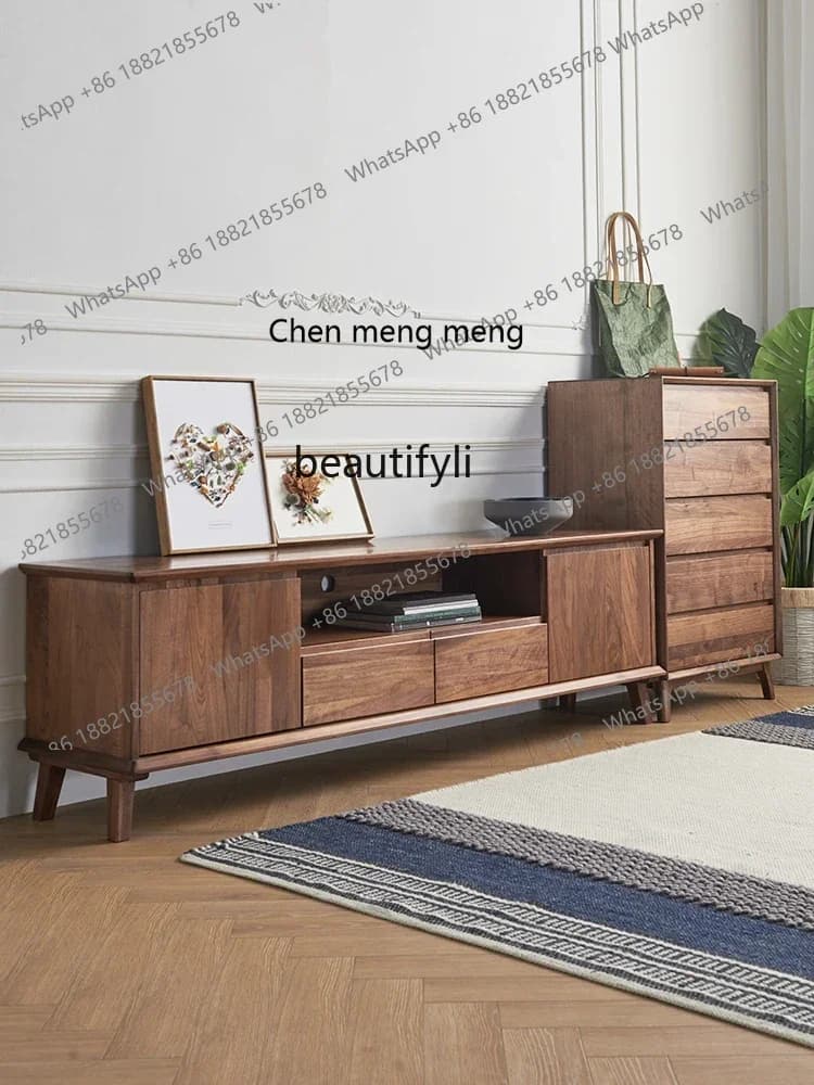 D178 North America Black Walnut Wooden TV Cabinet Nordic Simple Living Room All Solid Wood Furniture Light Luxury Home Bedroom